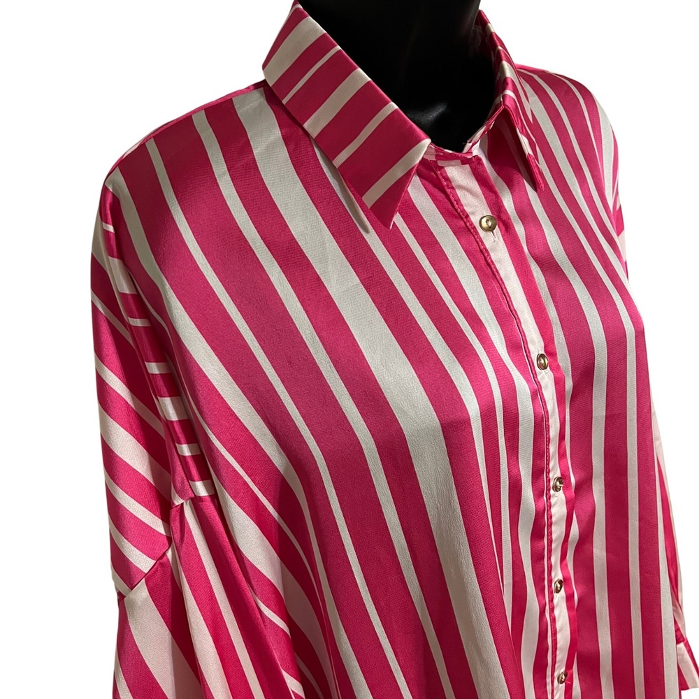 Striped Button Down Shirt Womens Small Pink White Excellent Oversized Satin